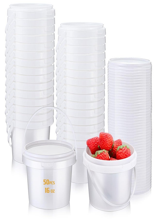 Mifoci 50 Pcs 16 oz Round Plastic Bucket with Lids and Handle Reusable Ice Cream Containers Small White Bucket Plastic Tub Freezer Airtight Food Storage Containers for Kitchen Drinks Home - Image 1