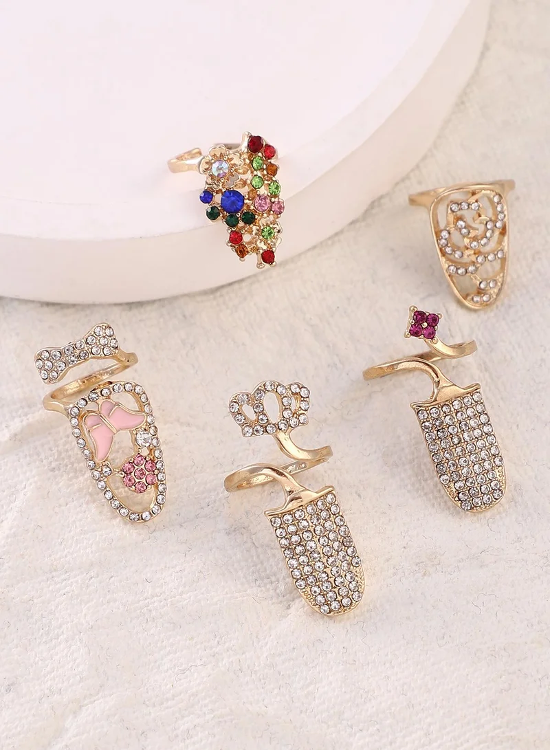 SOHI SOHI Women The Regal-Papillon Nail Ring Set | California  Colour | Set Of 5 | One-Size | Artificial Stone Alloy Material | Adjustable Closure | Ring For Casual & Evening Wear