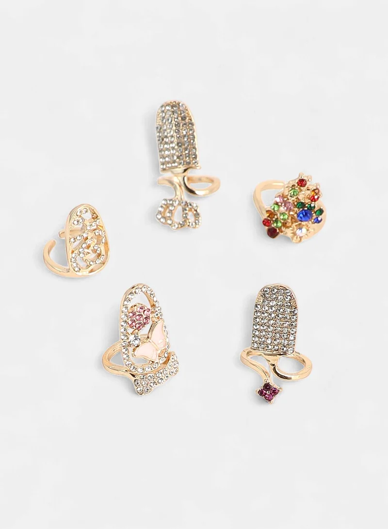 SOHI SOHI Women The Regal-Papillon Nail Ring Set | California  Colour | Set Of 5 | One-Size | Artificial Stone Alloy Material | Adjustable Closure | Ring For Casual & Evening Wear
