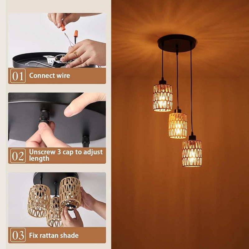 Garwarm 3-Light Rattan Pendant Light Fixtures, Industrial brown Hanging Lighting, Adjustable Woven Wicker Chandelier, Farmhouse Basket Ceiling Lamp for Kitchen Island Dining Room Bedroom Foyer Hallway - Image 3