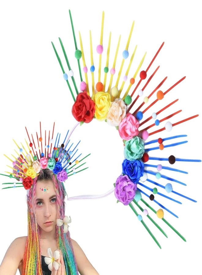 AUOCATTAIL Rainbow Headbands Halo Sun Flower Crown Hair Accessories Rainbow Sunburst Spiked LGBTQ Headdress Pride Outfits for Pride Day Parade Halloween Costume Cosplay Carnival Party Headpiece - Image 1
