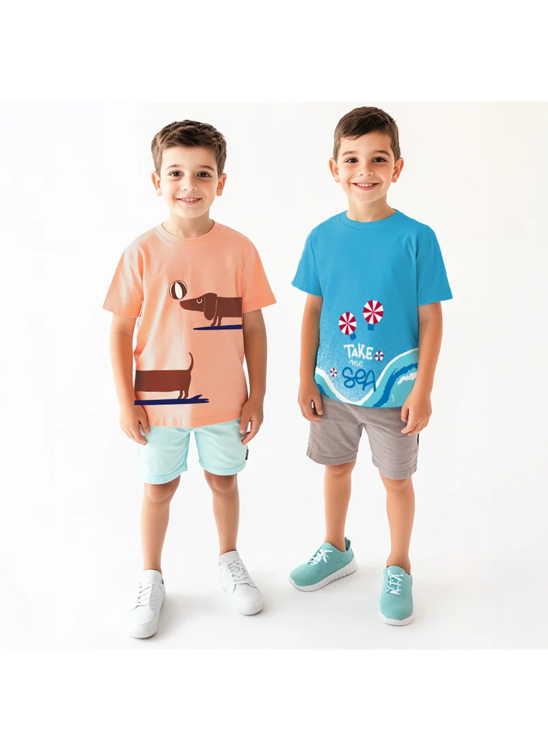 نوتيناتي Nautinati Boys' Pack of 2 Cotton Beach Graphic Printed T-shirts