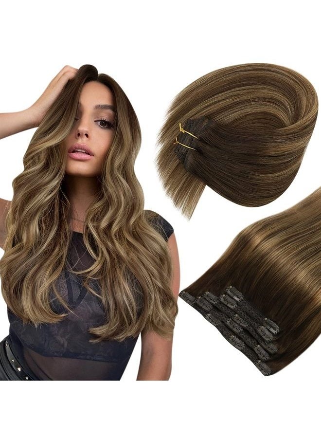 Sunny Hair Sunny Clip in Hair Extensions Real Human Hair Brown Balayage Clip in Human Hair Extensions Chocolate Brown Ombre Caramel Brown Balayage Hair Extensions 12inch 5Pcs 80G  - Image 1
