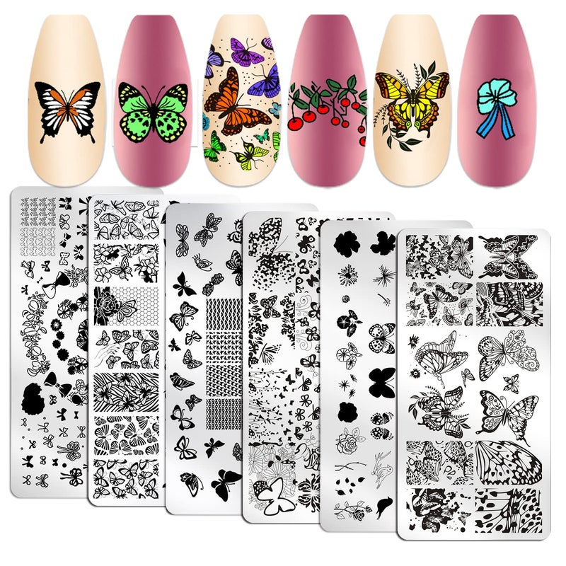 WOKOTO 6Pcs Butterfly Nail Stamping Plates For Nails Bows Flowers Nail Stamp Plates Kit Nail Stamping Kit Stamping Nail Polish Plates For Nail Art Plates Nail Stamper Plate Nail Art Stamp Templates