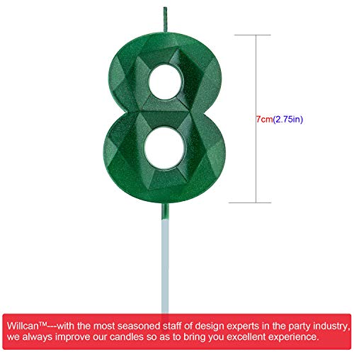 Willcan 2.75in 3D Diamond Shape Tall 8 Glitter Green Candles - Happy Birthday Cake Toppers for Adults/Kids Party & Family Celebrations - Image 2