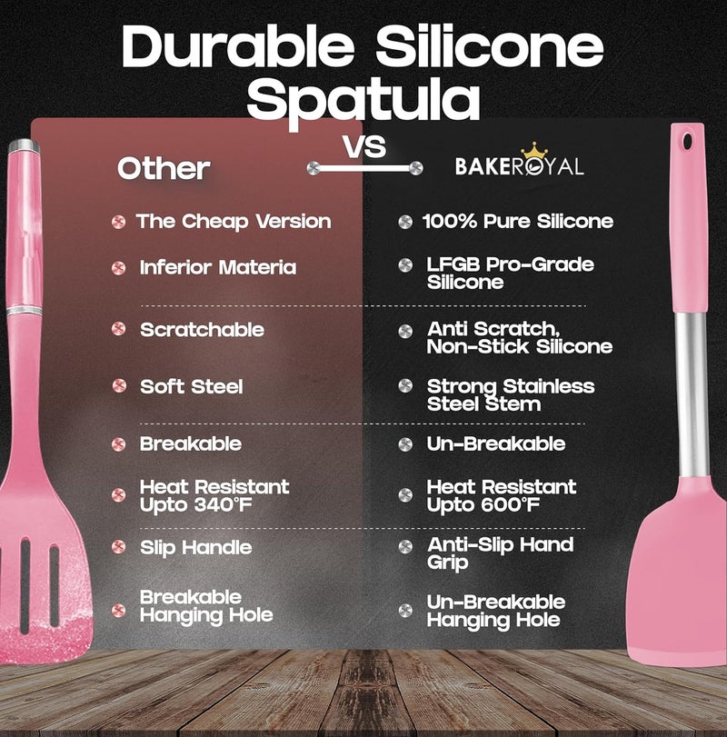 BAKEROYAL Silicone Spatula Set - Turner Spatulas Silicone Heat Resistant 600°F - Slotted & Solid Spatula for Cooking Fish, Eggs, Pancakes Flipper – Spatulas for kitchen use – Pink - Image 5