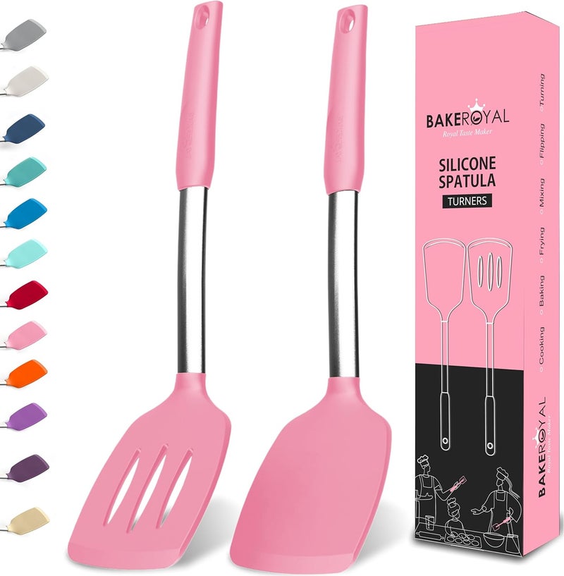 BAKEROYAL Silicone Spatula Set - Turner Spatulas Silicone Heat Resistant 600°F - Slotted & Solid Spatula for Cooking Fish, Eggs, Pancakes Flipper – Spatulas for kitchen use – Pink - Image 1