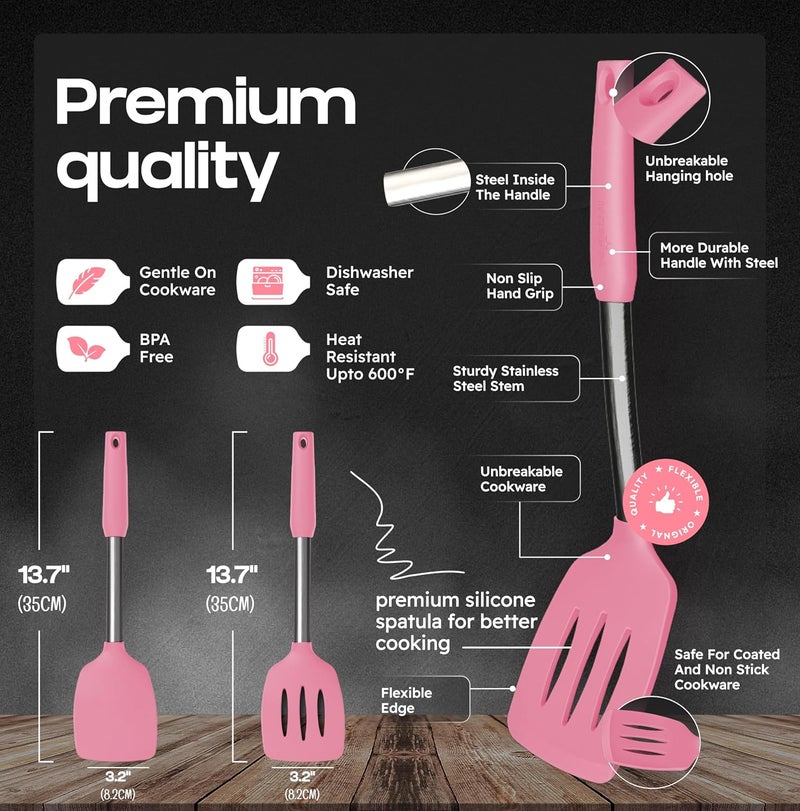 BAKEROYAL Silicone Spatula Set - Turner Spatulas Silicone Heat Resistant 600°F - Slotted & Solid Spatula for Cooking Fish, Eggs, Pancakes Flipper – Spatulas for kitchen use – Pink - Image 2