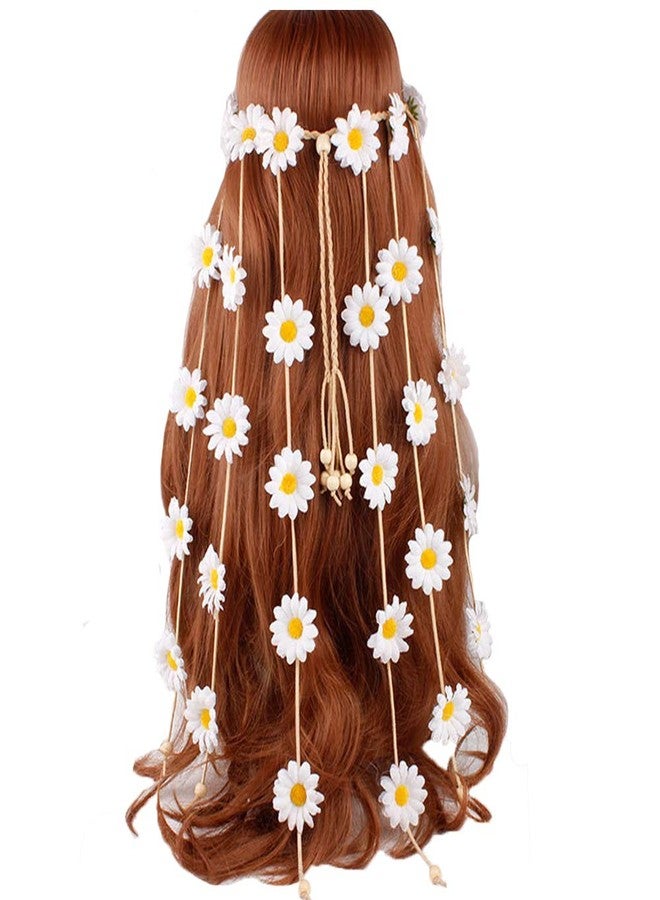WLBON Sunflower Headband Flower Daisy Hippie Indian Boho Hair Bands Tassel Bohemian Floral Beads Halloween Hair Hoop Women Crown Hairband Party Decoration Cosplay Costume Headpiece Hair Accessories White - Image 1