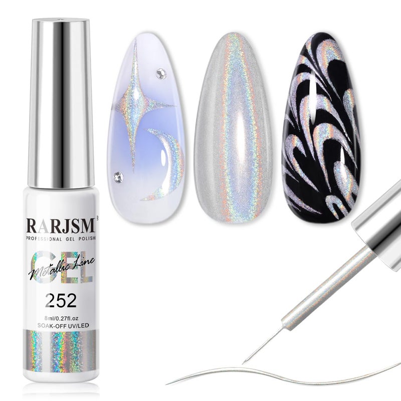 RARJSM Metallic Silver Nail Art Gel Liner Mirror Chrome 3D Holographic Laser Rainbow Effect Gel Nail Polish 8ml Build in Thin Brush Painted Drawing Striper Painting Curing Requires for Home Salon - Image 1