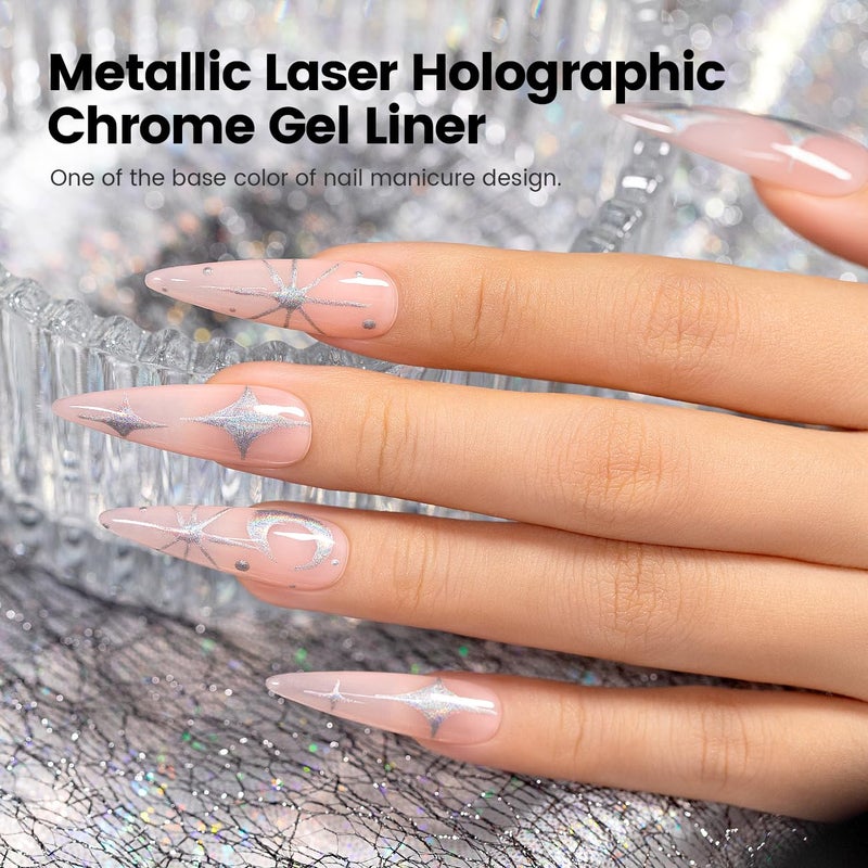 RARJSM Metallic Silver Nail Art Gel Liner Mirror Chrome 3D Holographic Laser Rainbow Effect Gel Nail Polish 8ml Build in Thin Brush Painted Drawing Striper Painting Curing Requires for Home Salon - Image 3