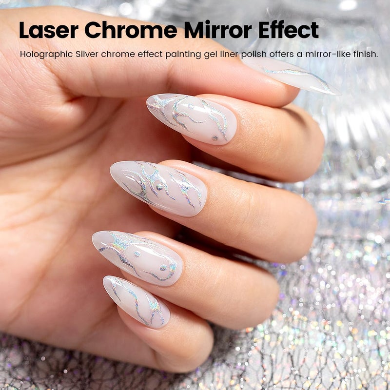 RARJSM Metallic Silver Nail Art Gel Liner Mirror Chrome 3D Holographic Laser Rainbow Effect Gel Nail Polish 8ml Build in Thin Brush Painted Drawing Striper Painting Curing Requires for Home Salon - Image 2
