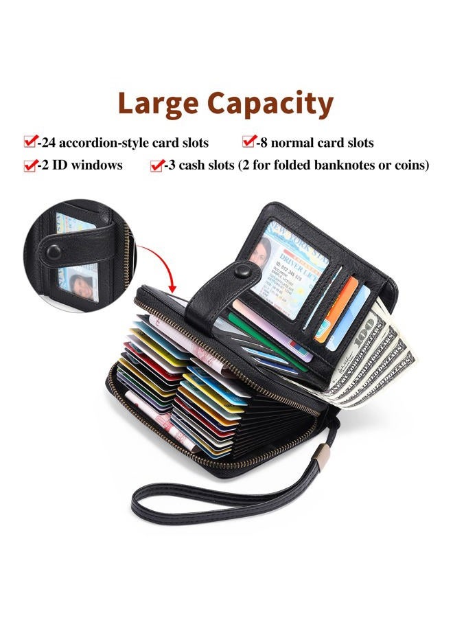 GAEKEAO Leather Credit Card Holder Small Wallet for Women RFID Blocking Bifold Zipper Card Case Organizer Wallet with Keychain, B-Black-Large, 5.71 x 4.33 x 1.38 inches, Classic - Image 2