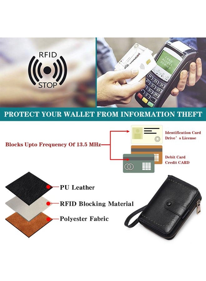 GAEKEAO Leather Credit Card Holder Small Wallet for Women RFID Blocking Bifold Zipper Card Case Organizer Wallet with Keychain, B-Black-Large, 5.71 x 4.33 x 1.38 inches, Classic - Image 4