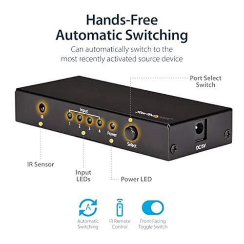 StarTech.com HDMI 2.0 Switch - 4 Port - 4K 60Hz - HDMI Automatic Video Switch Box - Multi Port Hub w/ 1 In 4 Out Functionality (VS421HD20) - Image 4