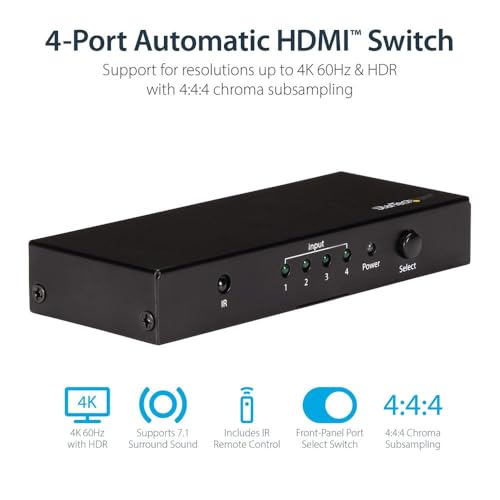 StarTech.com HDMI 2.0 Switch - 4 Port - 4K 60Hz - HDMI Automatic Video Switch Box - Multi Port Hub w/ 1 In 4 Out Functionality (VS421HD20) - Image 2
