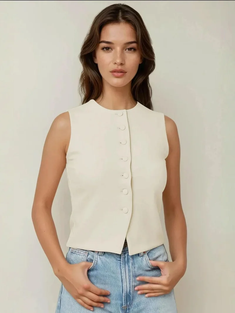 هيكاب صدرية بياقة مستديرة مفصلة بأزرار