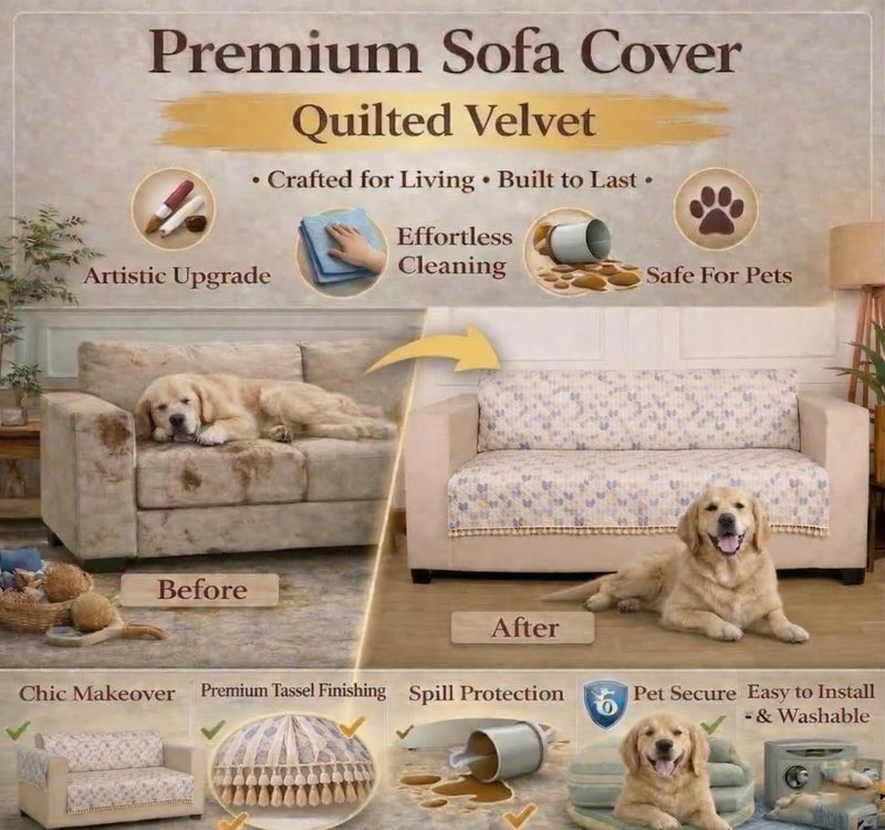 STITCHNEST Quilted Velvet Sofa Cover with Tassels – 48x60 Inch, Beige & Blue Chevron Pattern, Soft & Premium, Washable Sofa Protector for 2-Seater - Image 4