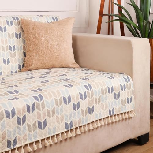 STITCHNEST Quilted Velvet Sofa Cover with Tassels – 48x60 Inch, Beige & Blue Chevron Pattern, Soft & Premium, Washable Sofa Protector for 2-Seater - Image 1
