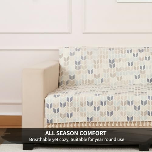 STITCHNEST Quilted Velvet Sofa Cover with Tassels – 48x60 Inch, Beige & Blue Chevron Pattern, Soft & Premium, Washable Sofa Protector for 2-Seater - Image 5