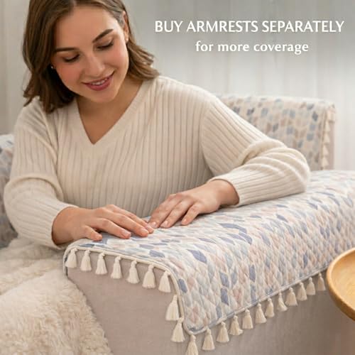 STITCHNEST Quilted Velvet Sofa Cover with Tassels – 48x60 Inch, Beige & Blue Chevron Pattern, Soft & Premium, Washable Sofa Protector for 2-Seater - Image 2