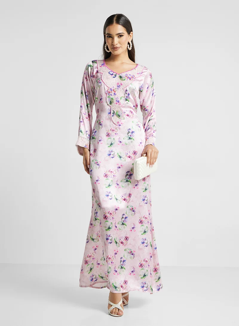 ARABIAN CLOSET Embellished Belted Jalabiya