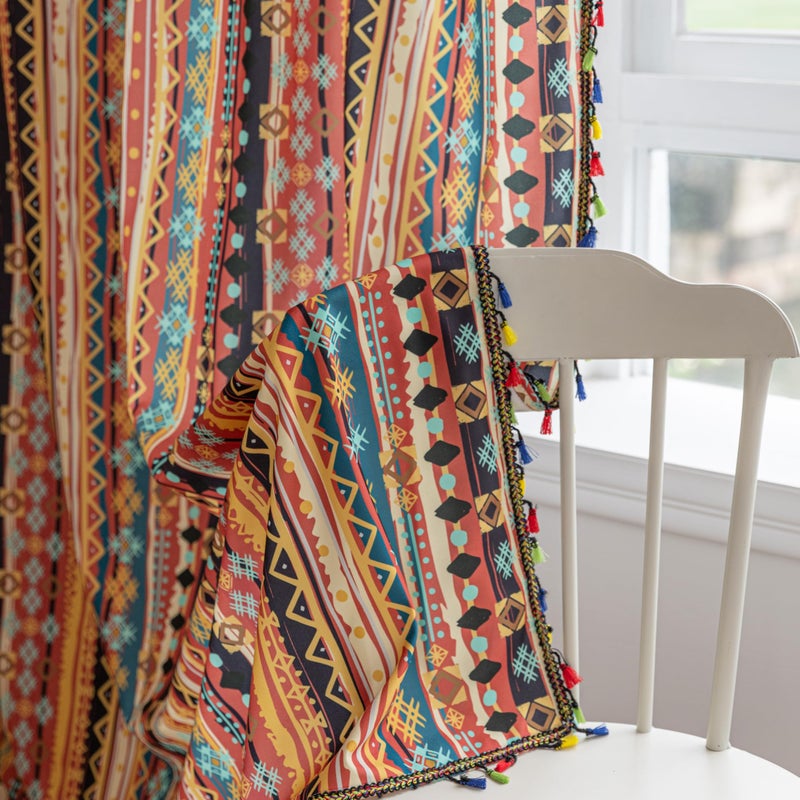 Erbnaryx Boho Curtains Geometric Light Filtering Semi-Blackout Window Curtains 84 Inches Long Rod Pocket Drapes for Living Room 2 Panels-Vintage Red - Image 3