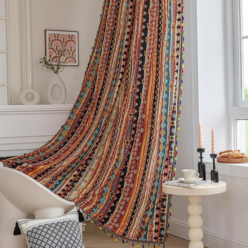 Erbnaryx Boho Curtains Geometric Light Filtering Semi-Blackout Window Curtains 84 Inches Long Rod Pocket Drapes for Living Room 2 Panels-Vintage Red - Image 1