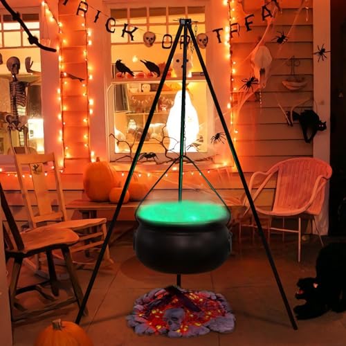 ORIENTAL CHERRY Halloween Decorations - Large Witches Cauldron on 54" Tripod with Lights - Black Plastic Bowl Decor - Hocus Pocus Candy Bucket Decoration for Indoor Outdoor Home Room Porch Yard Lawn Party Outside - Image 2