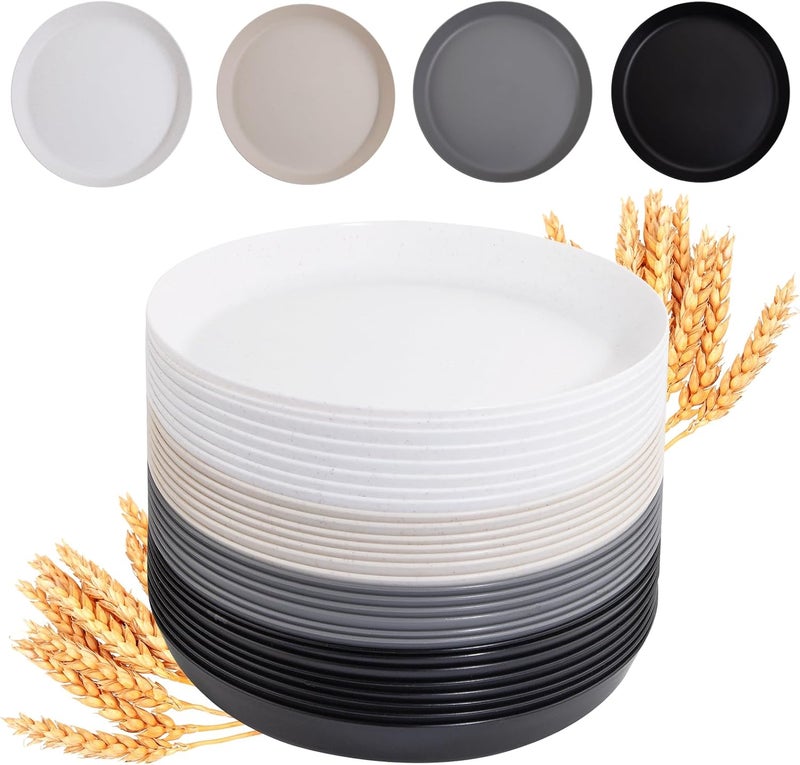 ejonirinjonir EI 16pcs Wheat Straw Dinner Plate Set  Unbreakable Plastic Dinner Plates Reusable  Lightweight Perfect for Halloween Family Dinners Picnics  School  Black White Dark Grey Beige - Image 1