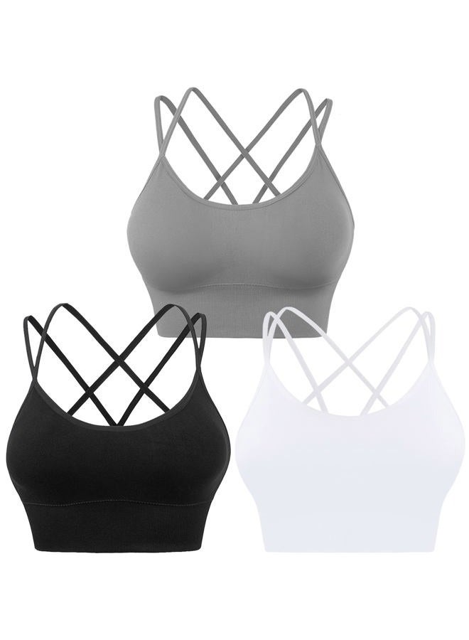 Evercute Cross Back Sport Bras Padded Strappy Criss Cross Cropped Bras for Yoga Workout Fitness Low Impact, ①black White Gray 3 Pack, L - Image 1