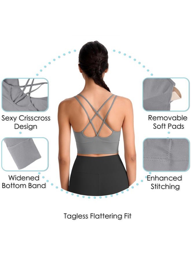 Evercute Cross Back Sport Bras Padded Strappy Criss Cross Cropped Bras for Yoga Workout Fitness Low Impact, ①black White Gray 3 Pack, L - Image 4