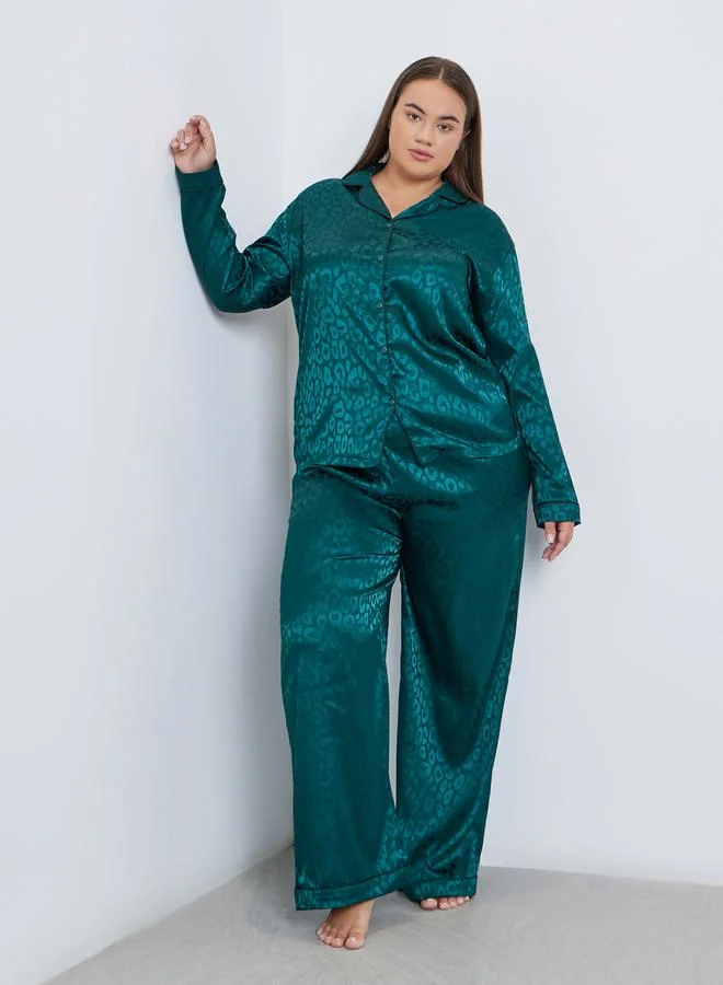 Styli Styli Plus Satin Jacquard Shirt and Pyjama Set