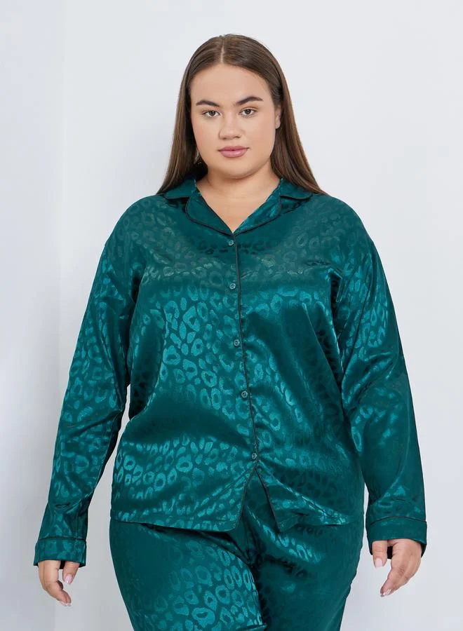 Styli Styli Plus Satin Jacquard Shirt and Pyjama Set