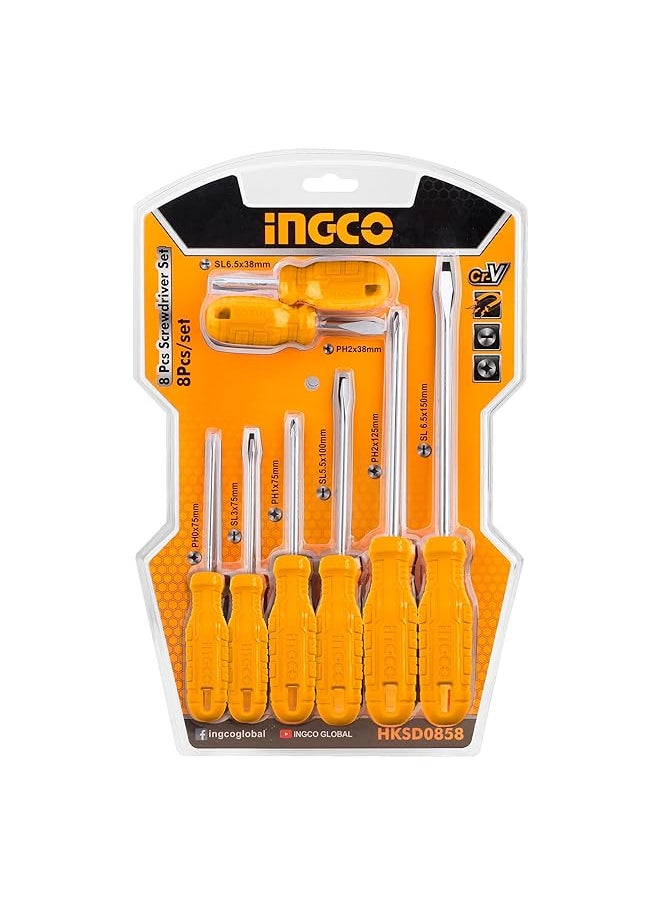 INGCO 8 Piece Professional And Multi Purpose Portable Magnetic Screwdriver Set Perfect For Office Home And Professional Use Yellow Hksd0858 