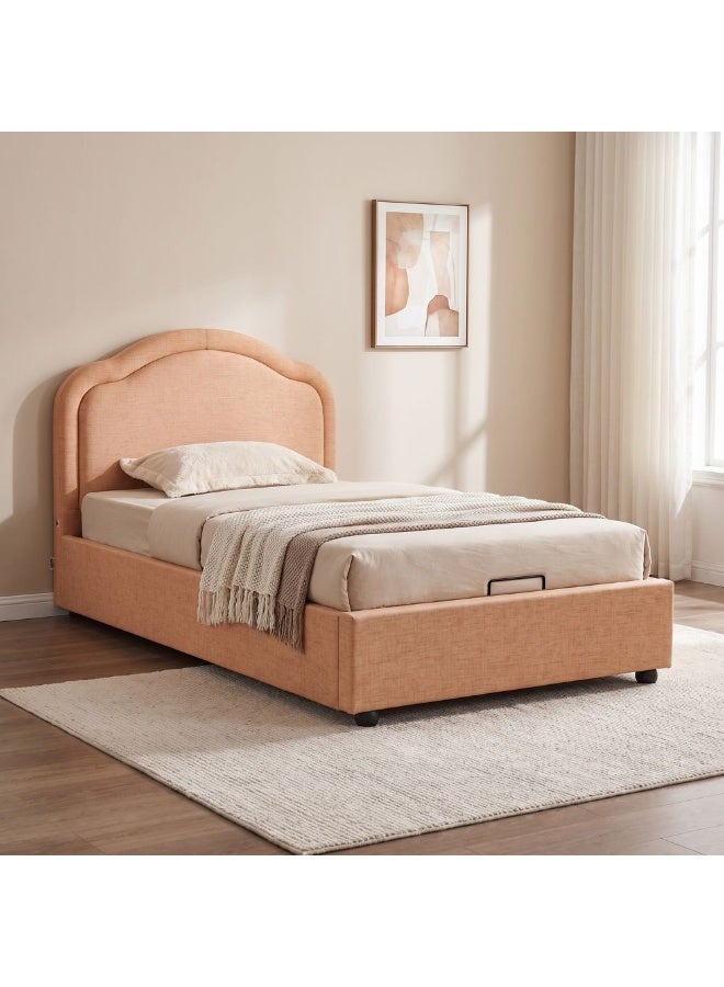 DANUBE HOME Maxillux Arcus 90X200 Upholstered Kids Bed With Hydraulic Storage + Usb | Modern Design Single Bed Frame Furniture | Comfortable Bed (Mattress Not Included) L217xW102xH116cm - Peach Pink - Image 1