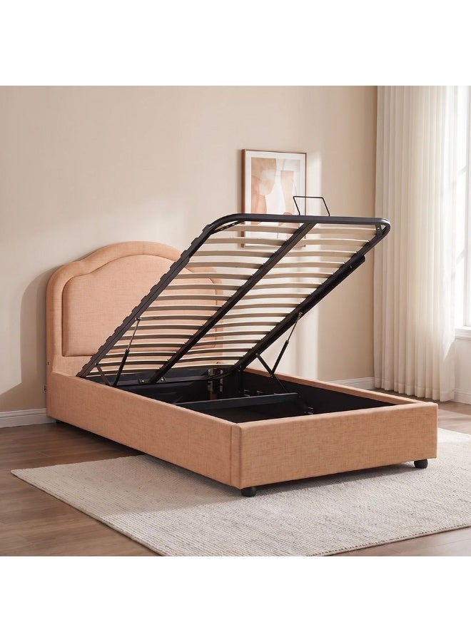 DANUBE HOME Maxillux Arcus 90X200 Upholstered Kids Bed With Hydraulic Storage + Usb | Modern Design Single Bed Frame Furniture | Comfortable Bed (Mattress Not Included) L217xW102xH116cm - Peach Pink - Image 3