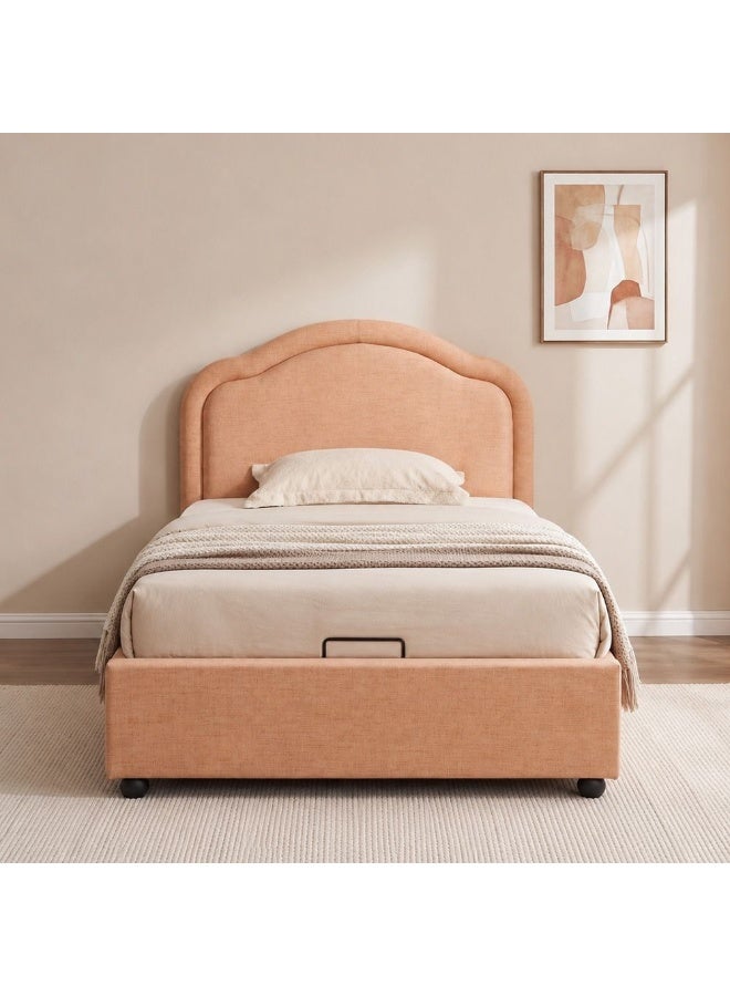 DANUBE HOME Maxillux Arcus 90X200 Upholstered Kids Bed With Hydraulic Storage + Usb | Modern Design Single Bed Frame Furniture | Comfortable Bed (Mattress Not Included) L217xW102xH116cm - Peach Pink - Image 2