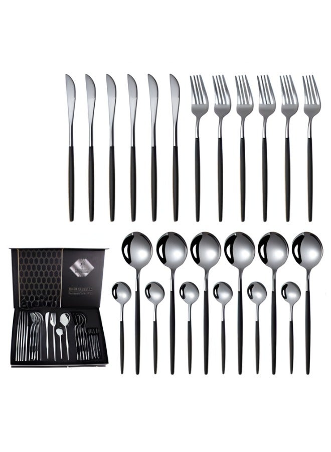 طقم أدوات مائدة 24 قطعة من الستانلس ستيل – يشمل سكاكين، شوك، وملاعق لـ 6 أشخاص، طقم مائدة مقاوم للصدأ، آمن لغسالة الصحون، تصميم أنيق ولامع للمطبخ والمنزل والمطاعم، مثالي للعائلات والحفلات والاستخدام اليومي