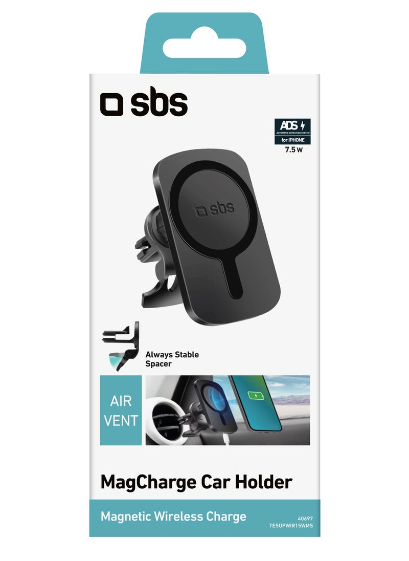 SBS - Car Holder and Wireless Charger with air vent clip swiveled 360° with spacers for extra stability for iPhone compatible with MagSafe like 14, 13 and 12 Series ( Charging Wire Included ) - Image 1