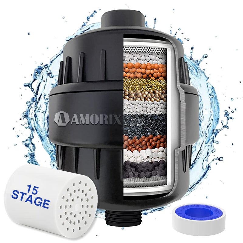 AMORIX Shower Filter, 15 Stage Shower Head Filter for Hard Water High Output Showerhead Filter Black Shower Water Filter Reduce Chlorine, Dry Skin, Itchy Scalp - Shower Water Softener Improves Skin Condition - Image 1