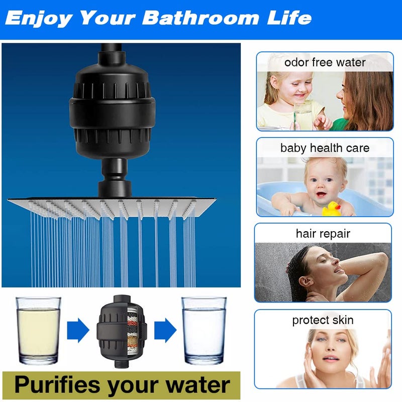 AMORIX Shower Filter, 15 Stage Shower Head Filter for Hard Water High Output Showerhead Filter Black Shower Water Filter Reduce Chlorine, Dry Skin, Itchy Scalp - Shower Water Softener Improves Skin Condition - Image 4