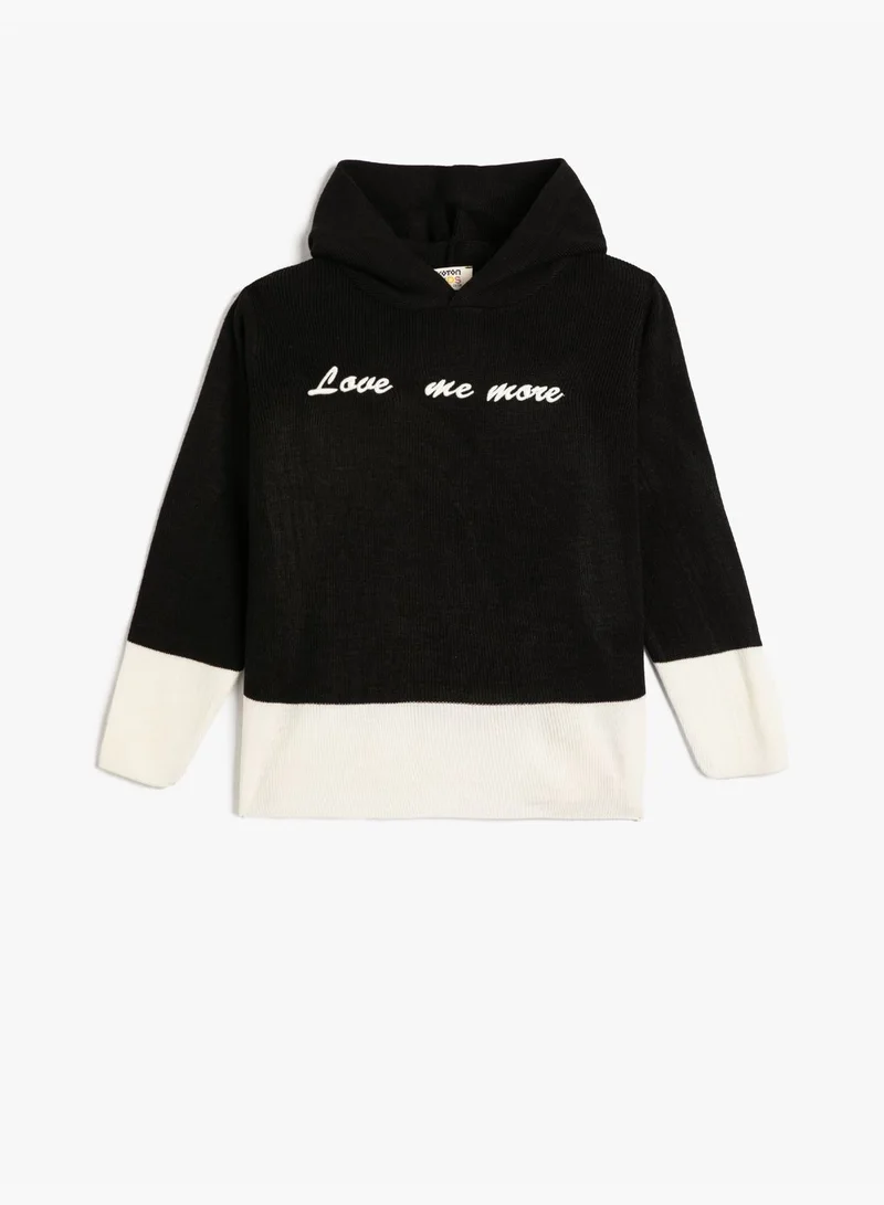 كوتون Hooded Knit Sweater Color Block Embroidered Long Sleeve
