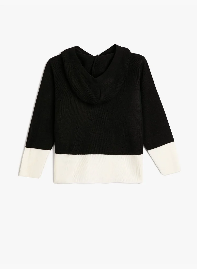 كوتون Hooded Knit Sweater Color Block Embroidered Long Sleeve