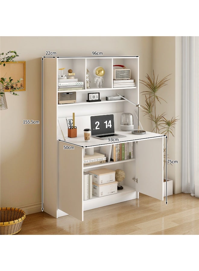 Storage Cabinet with Bookshelf, Modern Home Office Bookshelf with Extend Desktop, Sturdy Writing Desk for Study for Bedroom Living Room and Office, 155.5*22*96cm (White YN145) - Image 5