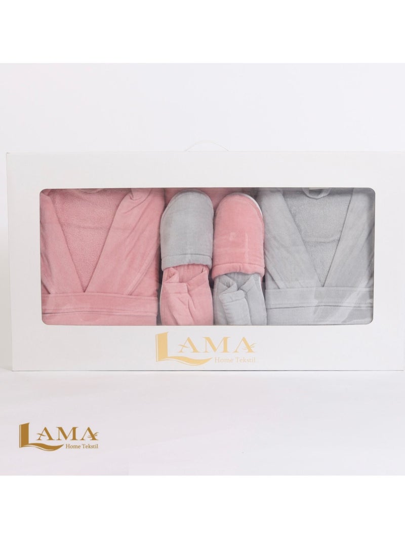 LAMA Home Tekstil - Set bath Robe Grey and Pink Cables - Image 1