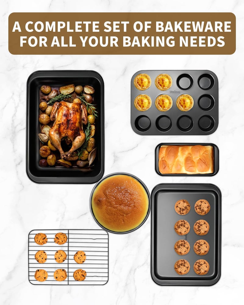 Ymiton Nonstick Baking Pans Set, 19 PCS Stackable Bakeware Sets, Oven Pan Set Includes Baking Tray, Cookie Sheet, Cake Pans, Loaf Pan, Muffin Pan, Silicone Cups - Image 2