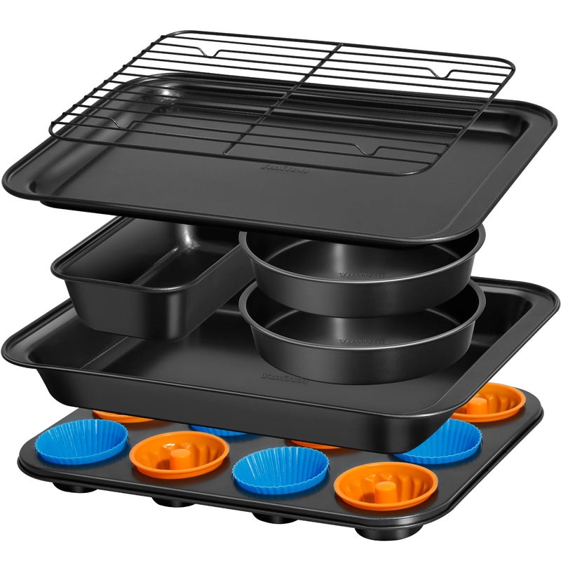 Ymiton Nonstick Baking Pans Set, 19 PCS Stackable Bakeware Sets, Oven Pan Set Includes Baking Tray, Cookie Sheet, Cake Pans, Loaf Pan, Muffin Pan, Silicone Cups - Image 1