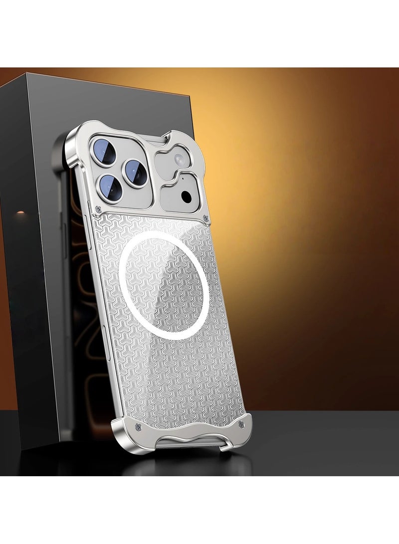 عام غطاء واقٍ متوافق مع أغطية iPhone 17 Pro Max، بإطار معدني مذهب خالٍ من الحواف البارزة، يتميز بجذب مغناطيسي قوي لتوافق MagSafe وحماية من السقوط