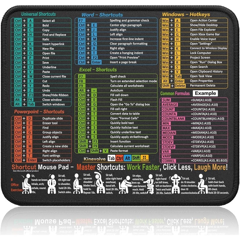 Kinevolve Mouse Pad with Excel, Word, PowerPoint & Windows Shortcuts – Small Excel Cheat Sheet Desk Pad – 11.8x9.8 Portable Computer Mousepad – Gaming, Office, Waterproof, Non-Slip, Stitched Edges - Image 1